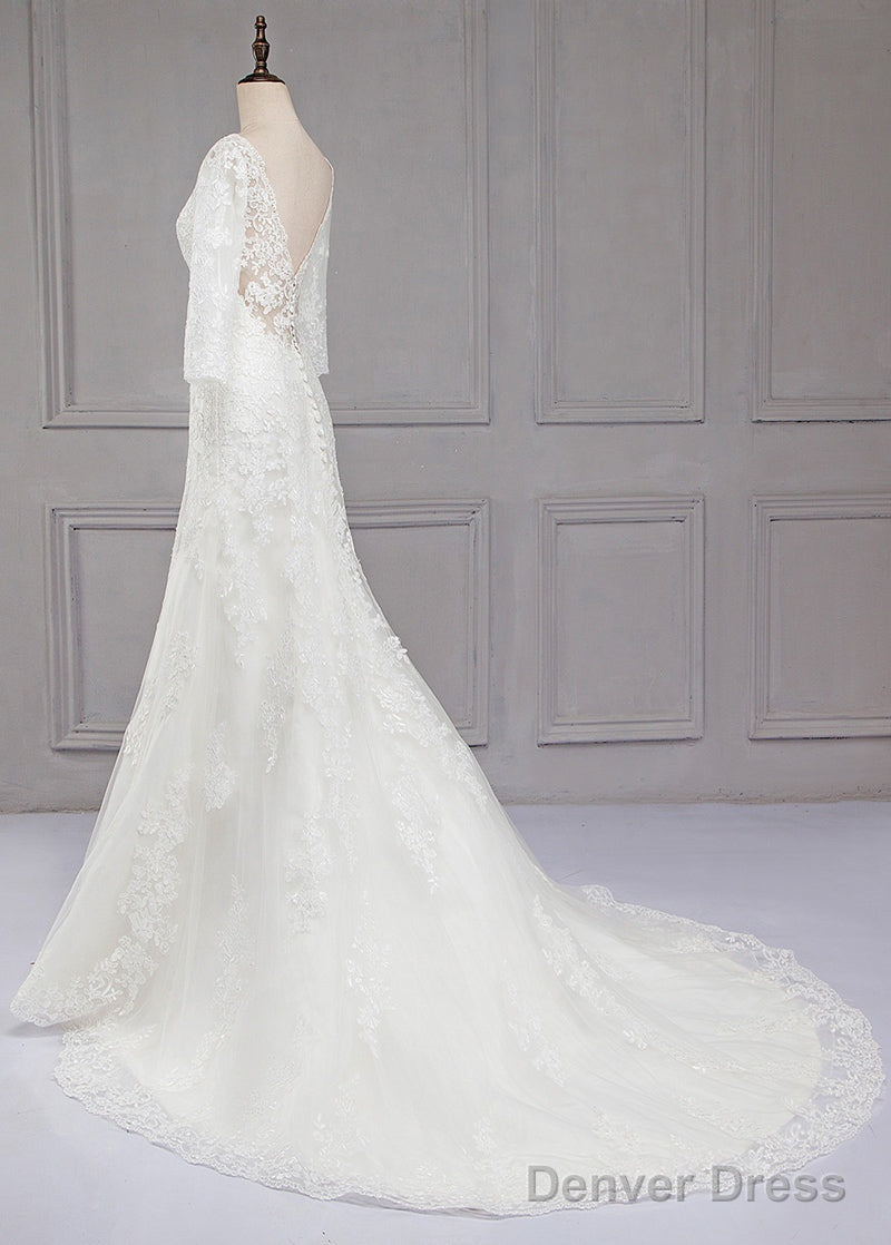 Sweep Train V Neck 3 4 Sleeves Lace Wedding Dresses