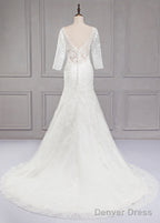 Sweep Train V Neck 3 4 Sleeves Lace Wedding Dresses