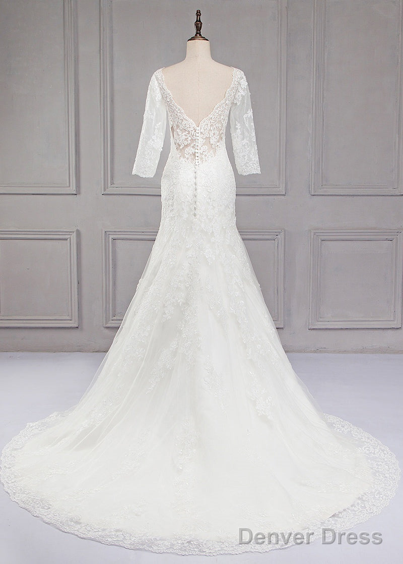 Sweep Train V Neck 3 4 Sleeves Lace Wedding Dresses
