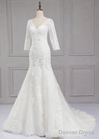 Sweep Train V-Neck 3/4 Sleeves Lace Wedding Dresses
