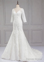 Sweep Train V Neck 3 4 Sleeves Lace Wedding Dresses