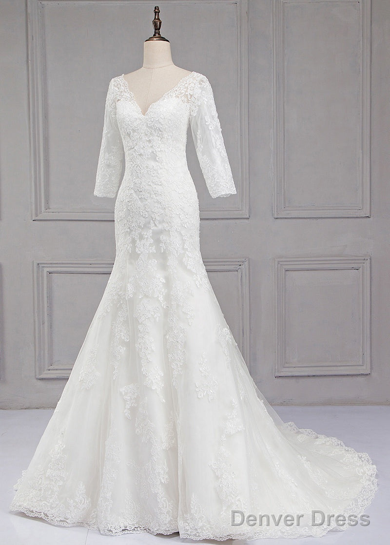 Sweep Train V Neck 3 4 Sleeves Lace Wedding Dresses