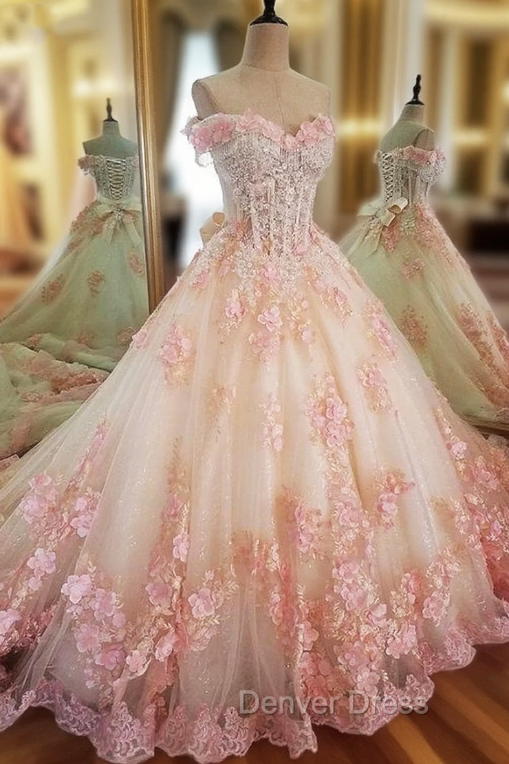 Sweet 16 Dresses Pink Lace Floral Prom Dresses Ball Gown Off The Shoulder Elegant Beaded Luxury Prom Gown Main image