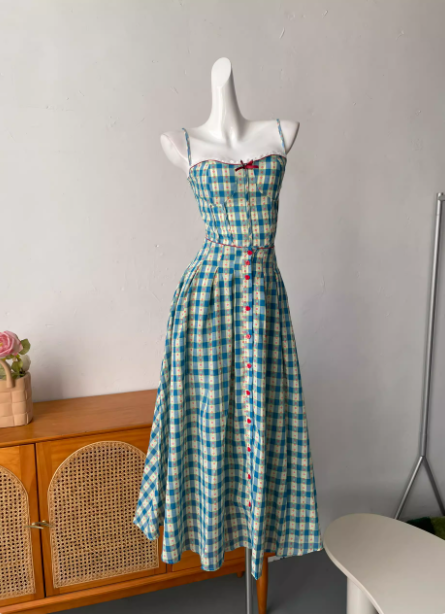 Sweet A-Line Blue Plaid Spaghetti Strap Long Prom Dresses Evening Dresses