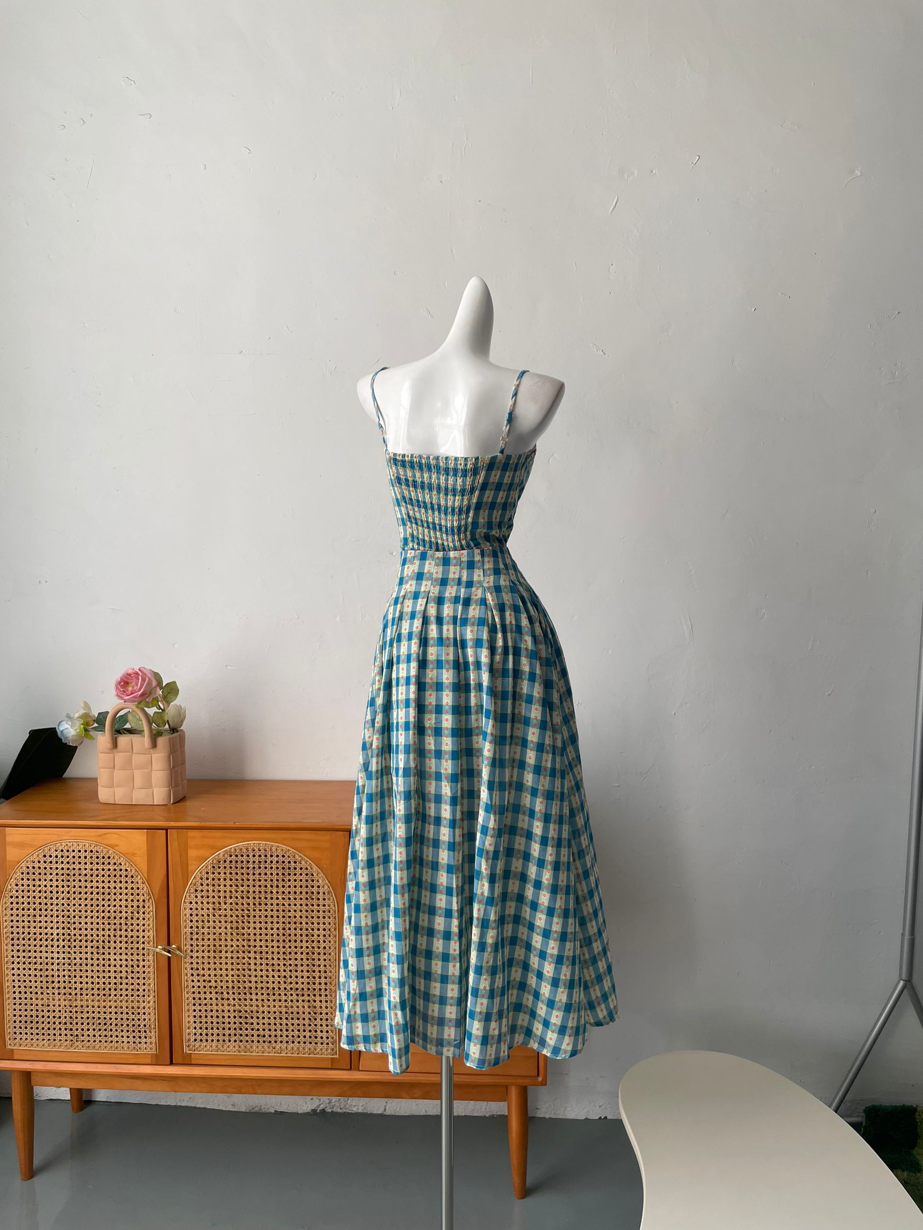 Sweet A-Line Blue Plaid Spaghetti Strap Long Prom Dresses Evening Dresses