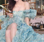 Sweet A-Line Off-Shoulder Organza Print Long Prom Dress Birthday Adult Ceremony Dress