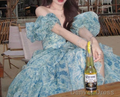 Sweet A-Line Off-Shoulder Organza Print Long Prom Dress Birthday Adult Ceremony Dress