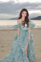 Sweet A-Line Off-Shoulder Organza Print Long Prom Dress Birthday Adult Ceremony Dress