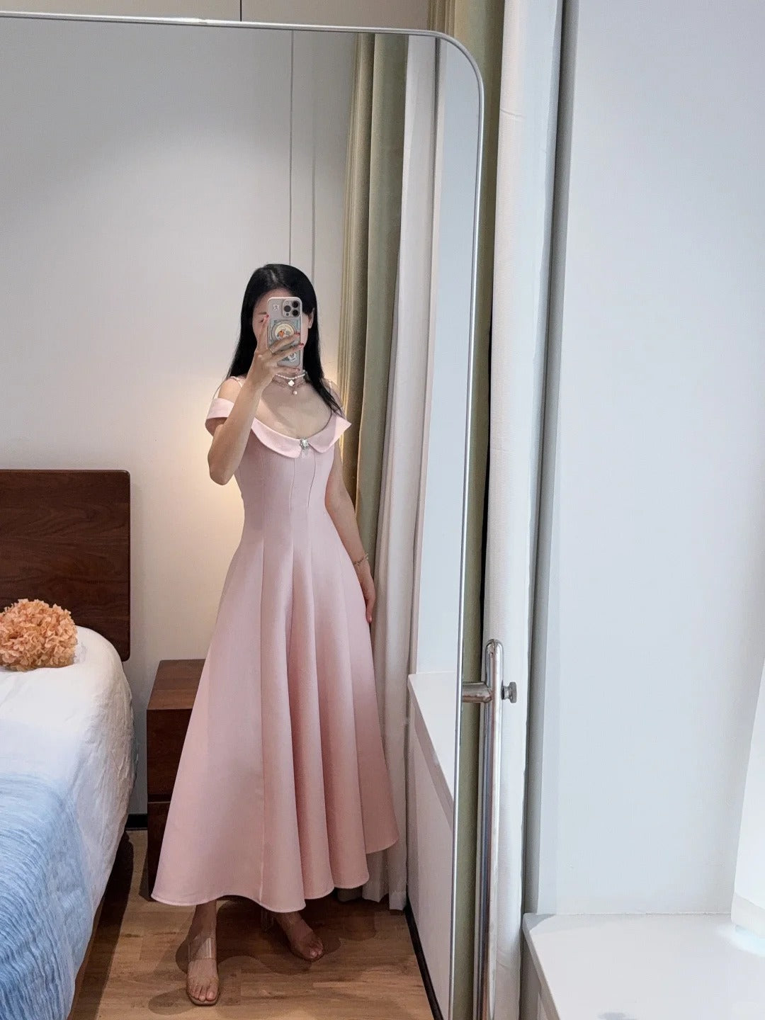 Sweet And Elegant Pink A-Line Off-Shoulder Satin Prom Dresses Evening Dresses
