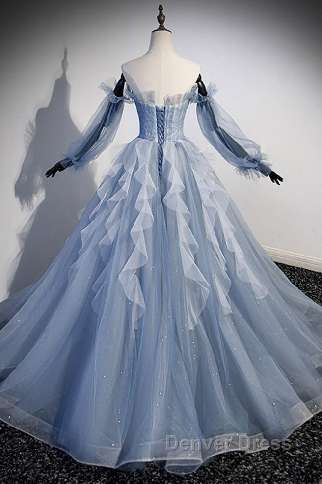 Sweet And Elegant Sky Blue Beaded Sequins Off The Shoulder Long Sleeved Ball Dresses Sky Blue A-Line/Princess Strapless Backless Strap And Ground Length Prom Dresses Secondary image