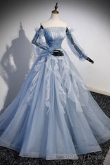 Sweet And Elegant Sky Blue Beaded Sequins Off The Shoulder Long Sleeved Ball Dress Sky Blue A-Line/Princess Strapless Backless Strap And Ground Length Prom Dress