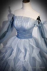 Sweet And Elegant Sky Blue Beaded Sequins Off The Shoulder Long Sleeved Ball Dress Sky Blue A-Line/Princess Strapless Backless Strap And Ground Length Prom Dress