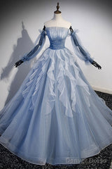 Sweet And Elegant Sky Blue Beaded Sequins Off The Shoulder Long Sleeved Ball Dress Sky Blue A-Line/Princess Strapless Backless Strap And Ground Length Prom Dress