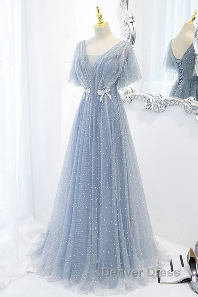 Sweet And Elegant Sky Blue Beaded Short Sleeved Sheer Ball Dresses With Sky Blue A-Shaped Backless Strap And Ground Length Prom Dresses Secondary image