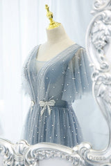 Sweet And Elegant Sky Blue Beaded Short Sleeved Sheer Ball Dress With Sky Blue A-Shaped Backless Strap And Ground Length Prom Dress