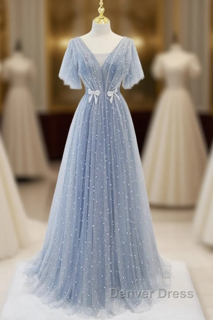 Sweet And Elegant Sky Blue Beaded Short Sleeved Sheer Ball Dresses With Sky Blue A-Shaped Backless Strap And Ground Length Prom Dresses Main image