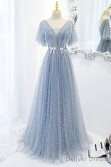 Sweet And Elegant Sky Blue Beaded Short Sleeved Sheer Ball Dress With Sky Blue A-Shaped Backless Strap And Ground Length Prom Dress