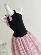 Sweet Black And Pink Polka Dot Halter Neck Chiffon Short Birthday Party Homecoming Dresses
