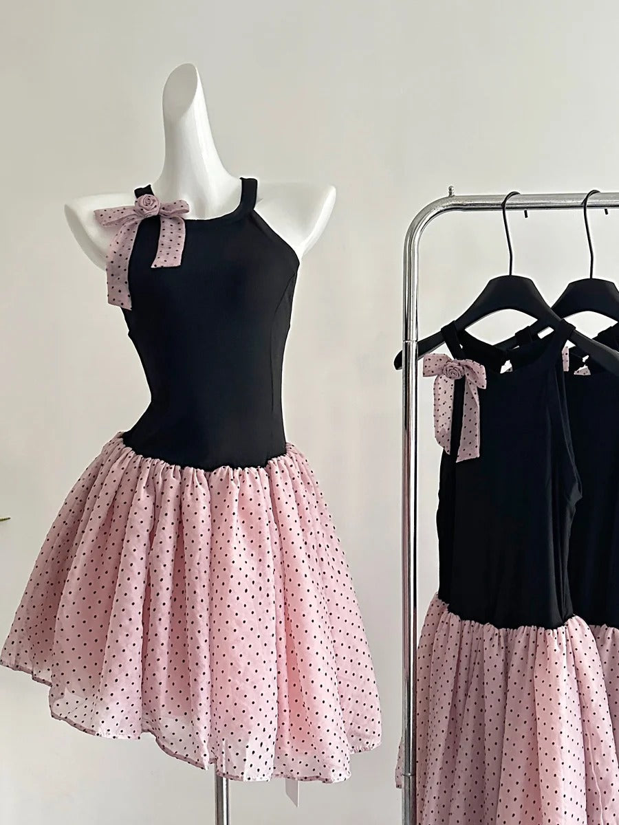 Sweet Black And Pink Polka Dot Halter Neck Chiffon Short Birthday Party Homecoming Dresses