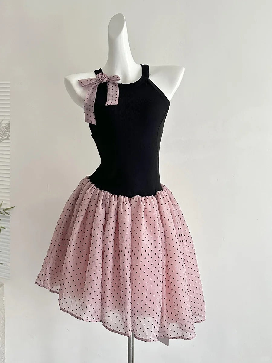 Sweet Black And Pink Polka Dot Halter Neck Chiffon Short Birthday Party Homecoming Dresses Main image