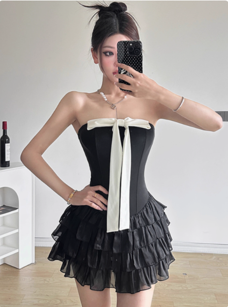 Sweet Black Tube Top Bowknot Herringbone Cake Skirt Homecoming Dresses Secondary image