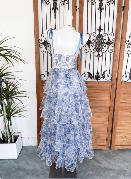 Sweet Blue And White Floral Printed Bow Ribbon Multi-Layered Tiered Chiffon Long Prom Dresses Evening Dresses Secondary image