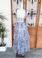 Sweet Blue And White Floral Printed Bow Ribbon Multi-Layered Tiered Chiffon Long Prom Dresses Evening Dresses