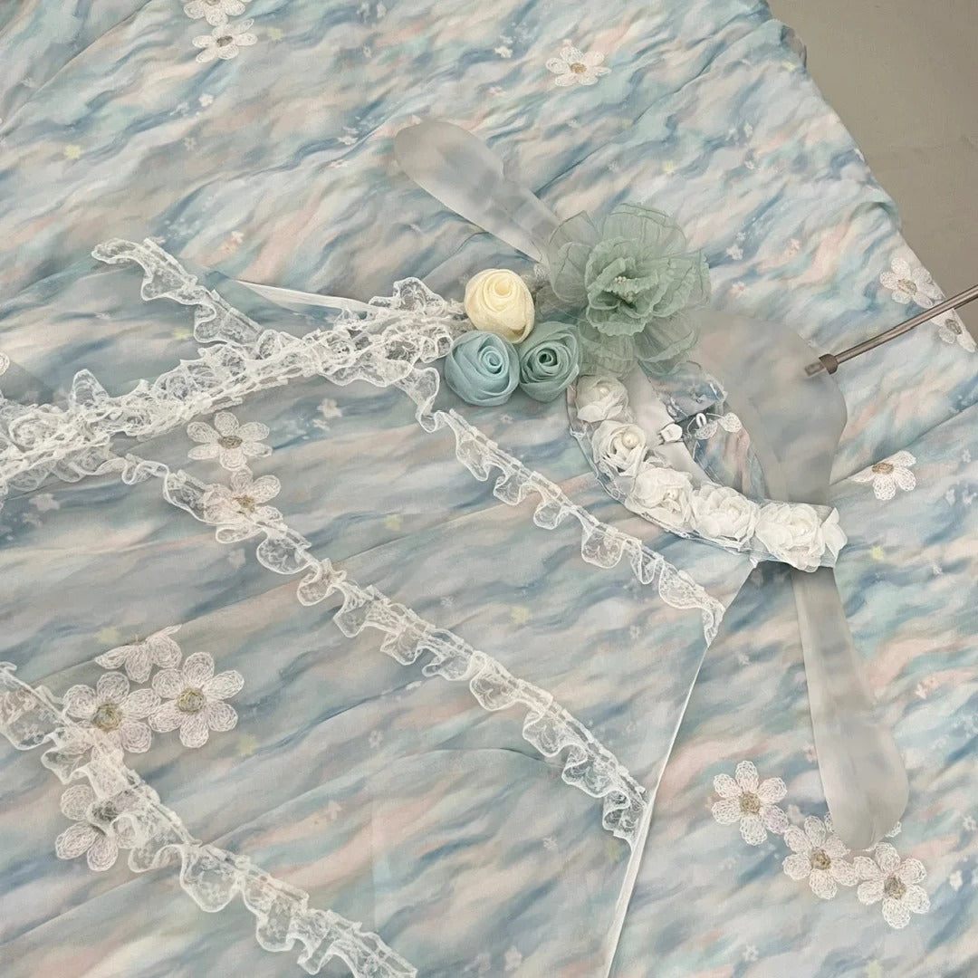 Sweet Blue And White Gradient A-Line Halter Neck Chiffon Long Prom Dresses Evening Dresses