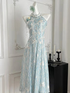 Sweet Blue And White Gradient A-Line Halter Neck Chiffon Long Prom Dresses Evening Dresses