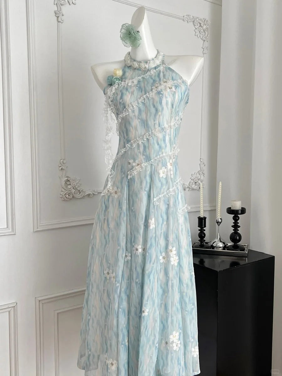 Sweet Blue And White Gradient A-Line Halter Neck Chiffon Long Prom Dresses Evening Dresses