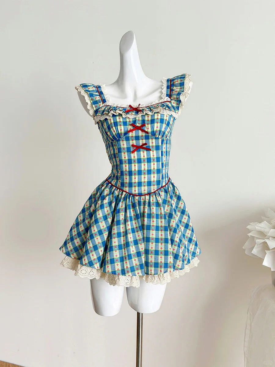 Sweet Blue And Yellow Plaid Waist Square Neck Short A-Line 15Th Birthday Homecoming Dresses