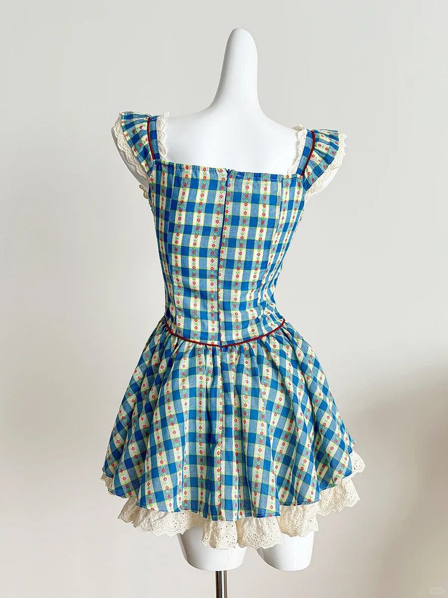 Sweet Blue And Yellow Plaid Waist Square Neck Short A-Line 15Th Birthday Homecoming Dresses