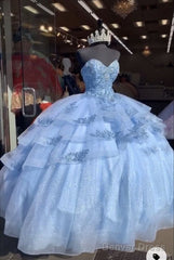 Sweet Blue Tulle Beaded Prom Dress Ball Gown Quinceanera Dress