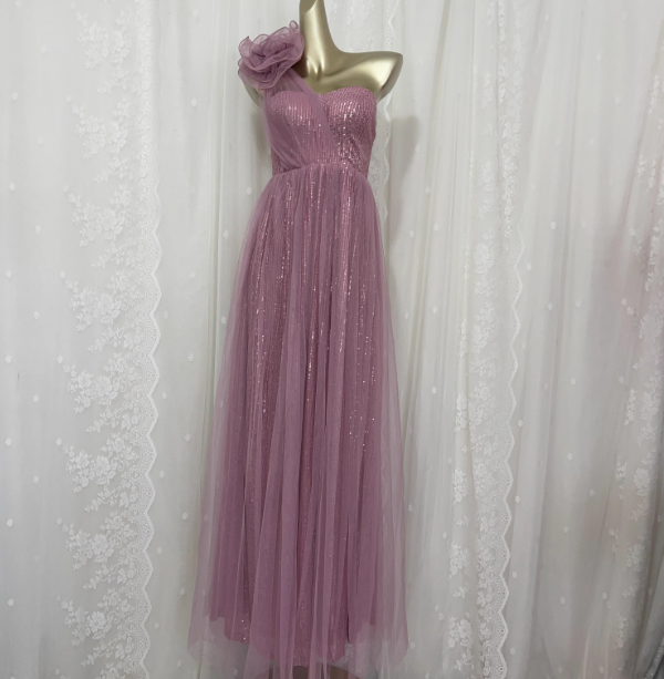Sweet Blush Purple A-Line One-Shoulder 3D Floral Sequin Tulle Long Prom Dresses Evening Dresses Secondary image