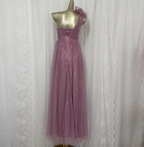 Sweet Blush Purple A-Line One-Shoulder 3D Floral Sequin Tulle Long Prom Dresses Evening Dresses