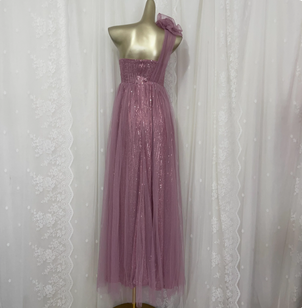 Sweet Blush Purple A-Line One-Shoulder 3D Floral Sequin Tulle Long Prom Dresses Evening Dresses