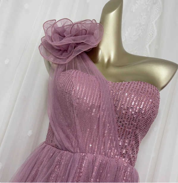 Sweet Blush Purple A-Line One-Shoulder 3D Floral Sequin Tulle Long Prom Dresses Evening Dresses