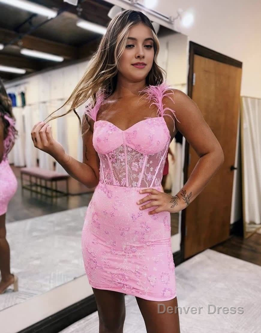 Sweet Bodycon Lace Up Short Tight Homecoming Dresses With Feather Straps