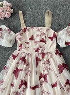 Sweet Butterfly Printed Strap Puff Sleeve Midi-Length Tulle Prom Dresses Evening Dresses