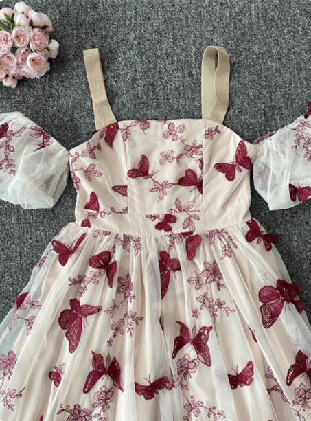 Sweet Butterfly Printed Strap Puff Sleeve Midi-Length Tulle Prom Dresses Evening Dresses