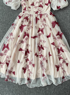 Sweet Butterfly Printed Strap Puff Sleeve Midi-Length Tulle Prom Dresses Evening Dresses