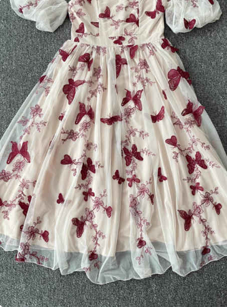 Sweet Butterfly Printed Strap Puff Sleeve Midi-Length Tulle Prom Dresses Evening Dresses