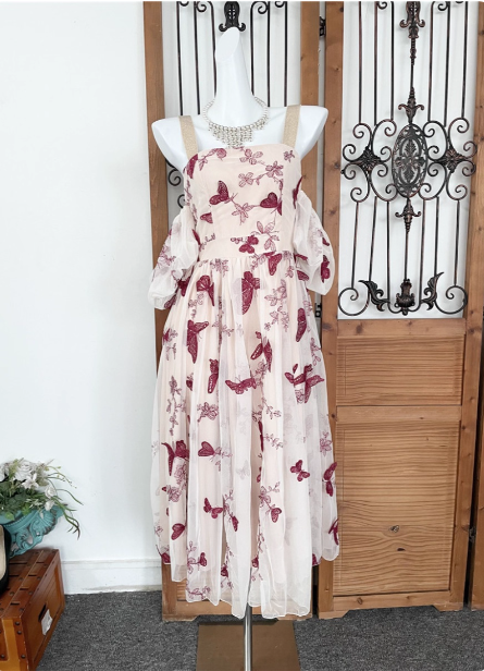 Sweet Butterfly Printed Strap Puff Sleeve Midi-Length Tulle Prom Dresses Evening Dresses Main image