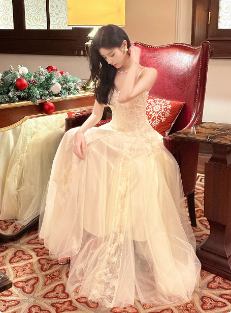 Sweet Cream Apricot A-Line Spaghetti Strap Lace Tulle Long Prom Dresses Evening Dresses