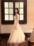 Sweet Cream Apricot A-Line Spaghetti Strap Lace Tulle Long Prom Dresses Evening Dresses