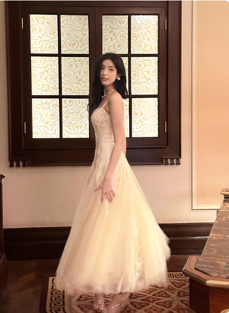 Sweet Cream Apricot A-Line Spaghetti Strap Lace Tulle Long Prom Dresses Evening Dresses