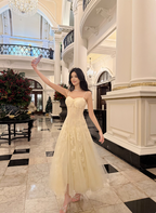 Sweet Cream Apricot A-Line Spaghetti Strap Lace Tulle Long Prom Dresses Evening Dresses