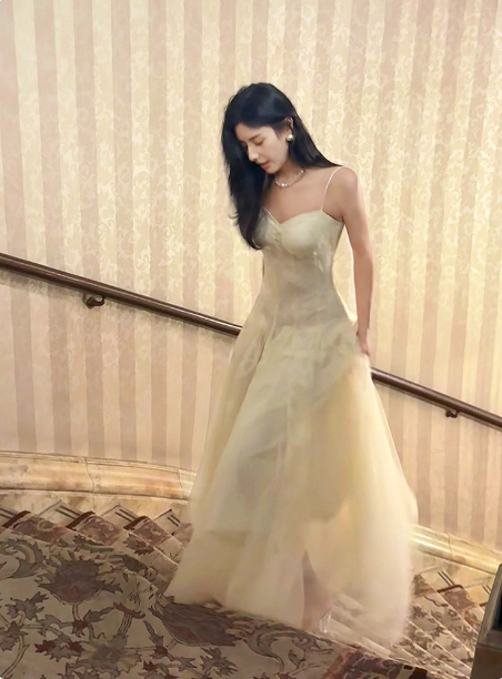 Sweet Cream Apricot A-Line Spaghetti Strap Lace Tulle Long Prom Dresses Evening Dresses