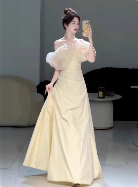 Sweet Cream Yellow A-Line Off-The-Shoulder Bow-Embellished High-Slit Satin Long Prom Dresses Evening Dresses Secondary image