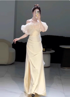Sweet Cream Yellow A-Line Off-The-Shoulder Bow-Embellished High-Slit Satin Long Prom Dresses Evening Dresses